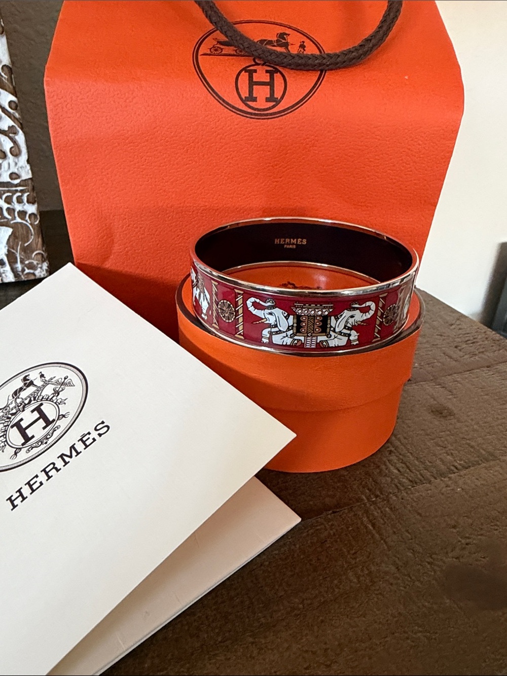 Like new Hermes Elephant Bangle in Red Enamel and Silver Hardware - Size 70cm